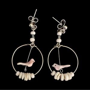 Whimsical Bird Hoop Earrings Beaded Silver Tone Purple Pink
